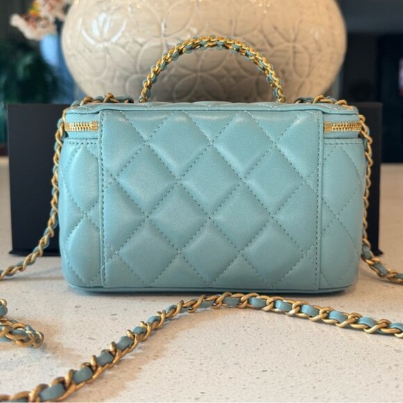 Chanel Logo Studded Top Handle Vanity Case/Bag Tiffany Blue - Picture 4 of 9